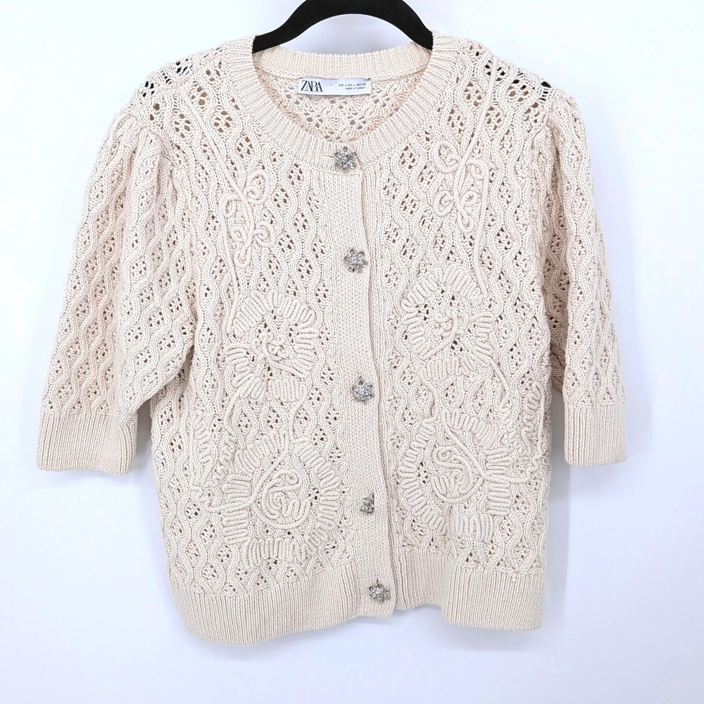 Zara Cardigan Sweater Women Large‎ Ivory Crochet Knit Rhinestone Flower Buttons